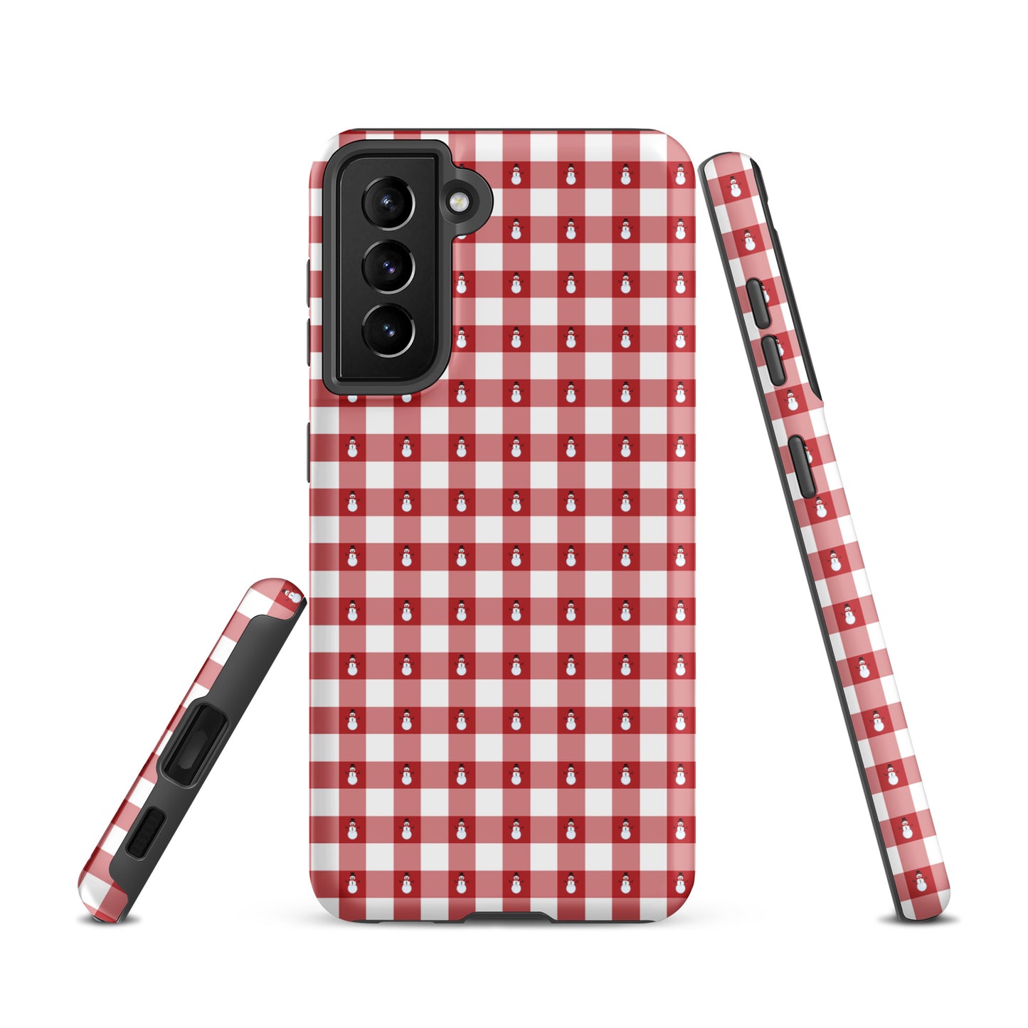 Phone Case for Samsung Galaxy with snowman gingham winter design, showcasing festive red and white pattern for holiday cheer and protection.