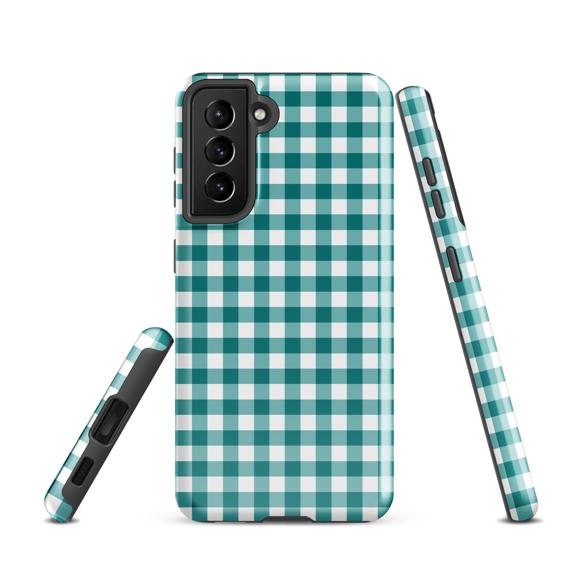 Phone Case for Samsung Galaxy in teal and white gingham pattern, combining style and protection.