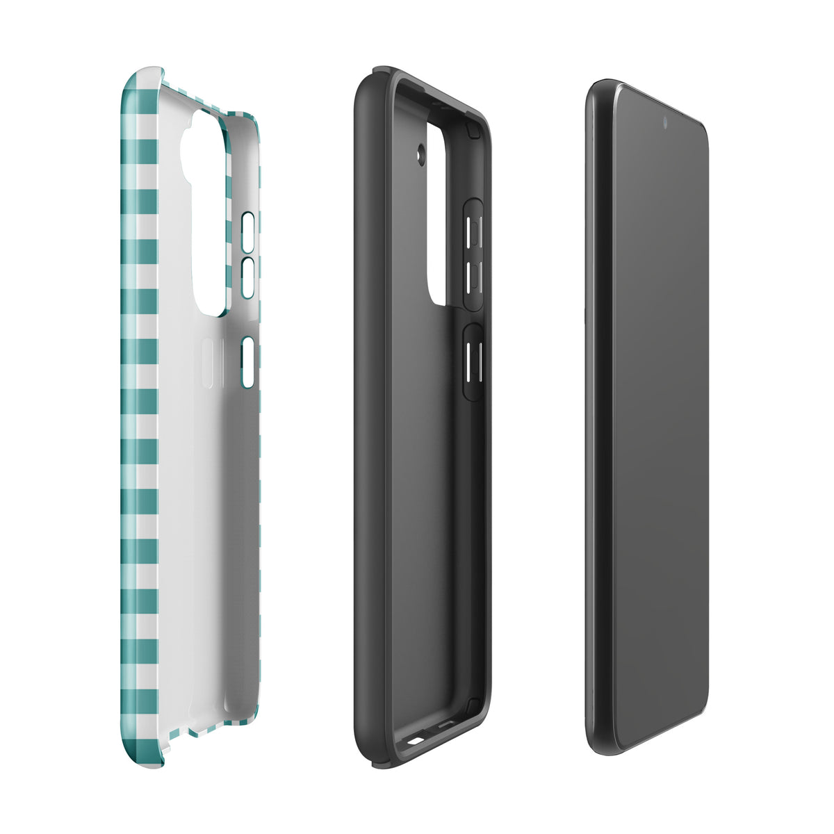 Teal and white gingham pattern Phone Case for Samsung Galaxy with stylish design and durability, shown in three pieces.