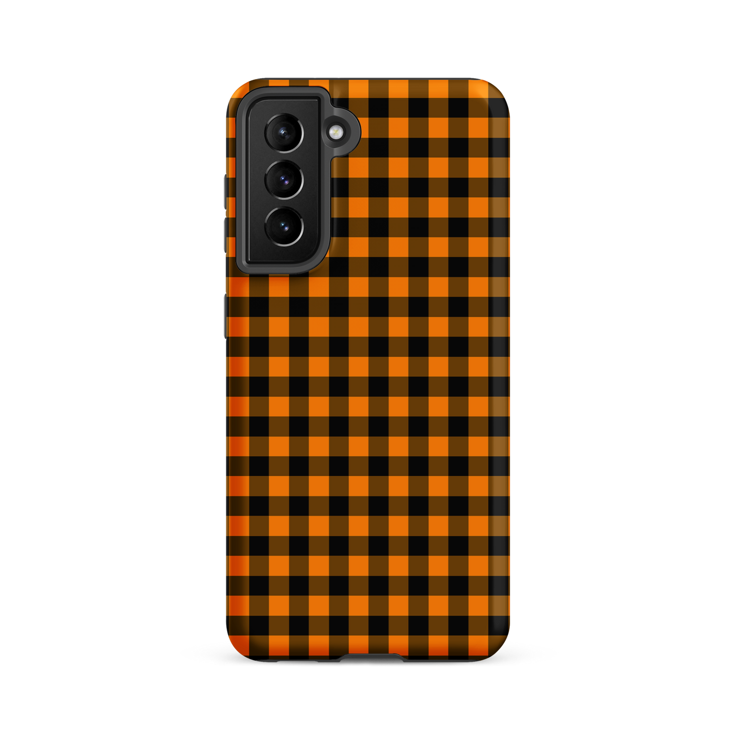 Phone case for Samsung Galaxy with black-and-orange gingham autumn theme pattern; chic accessory offering durability and style.