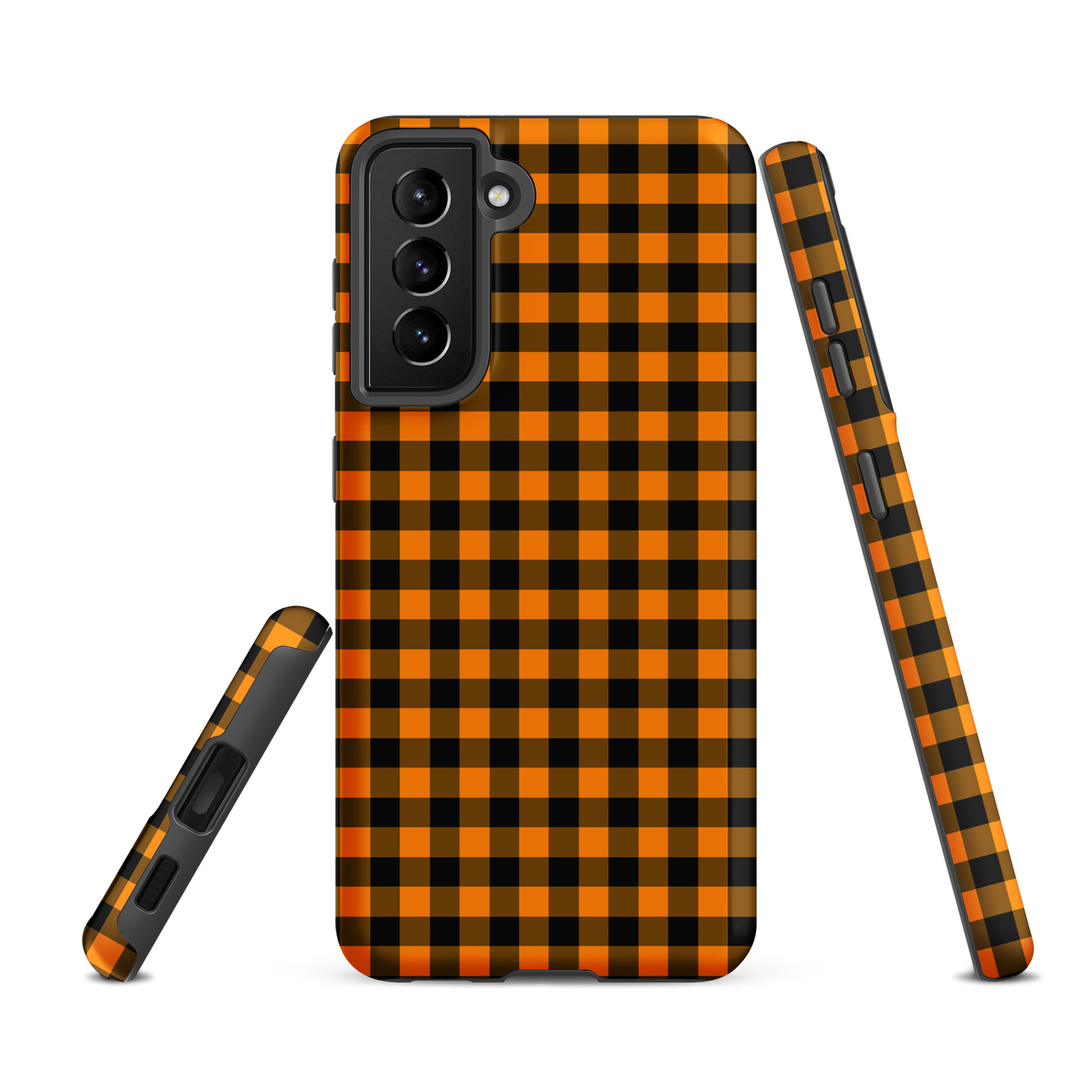 Black-and-orange gingham phone case for Samsung Galaxy with Autumn theme, showcasing chic design and durable craftsmanship.