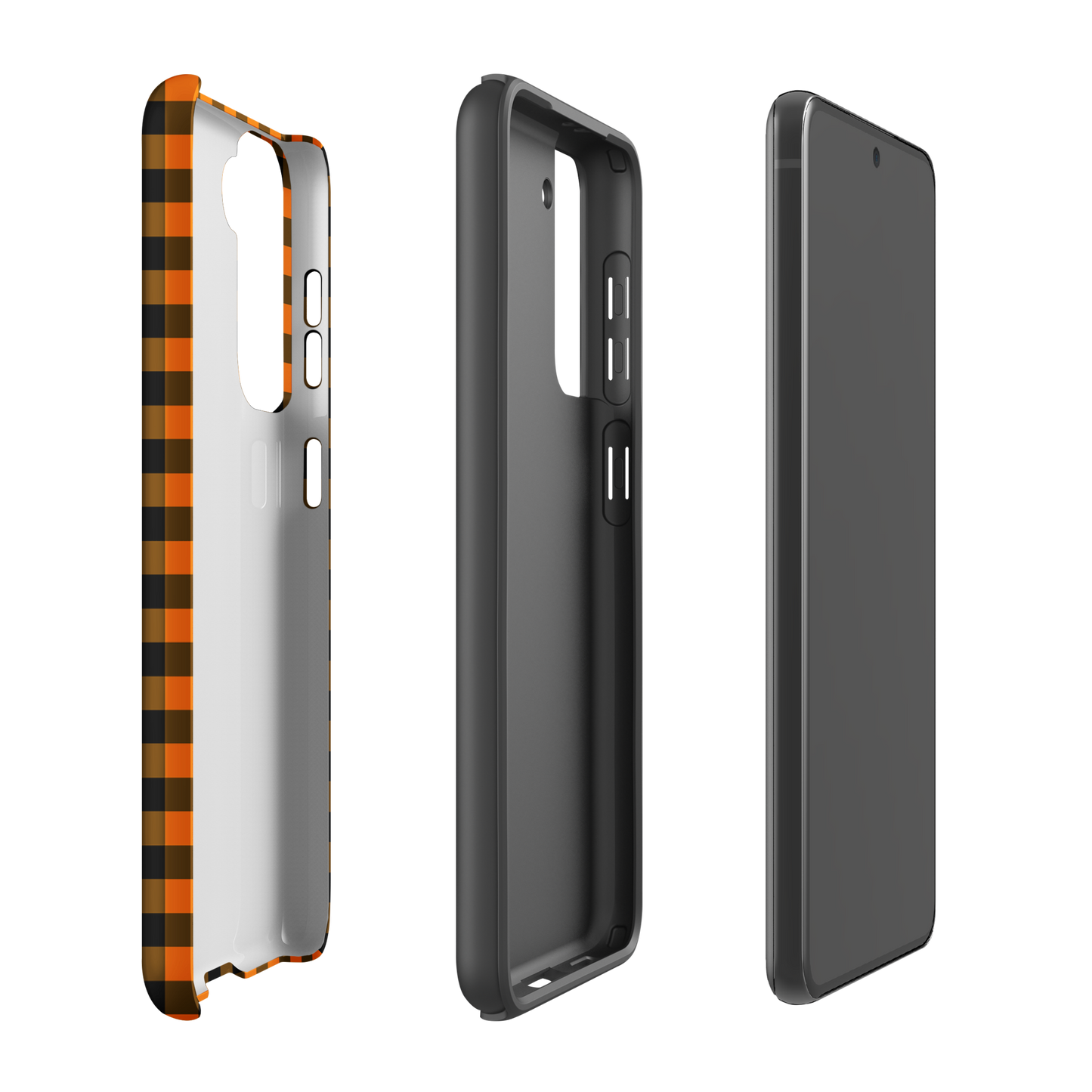 Black-and-orange gingham phone case for Samsung Galaxy with Autumn theme, showcasing stylish and durable design.