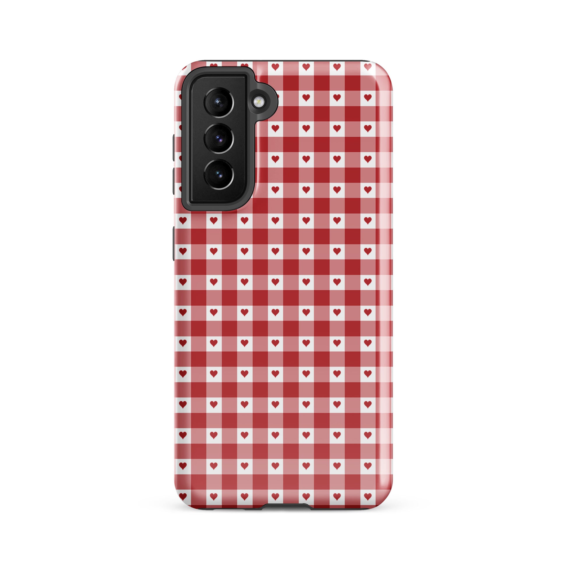 Phone Case for Samsung Galaxy with red gingham heart pattern, stylish and durable design.