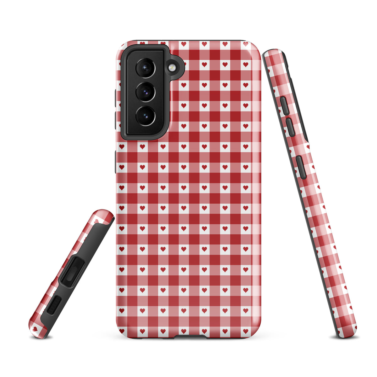 Phone Case for Samsung Galaxy with red gingham heart pattern, showcasing stylish design and durability.