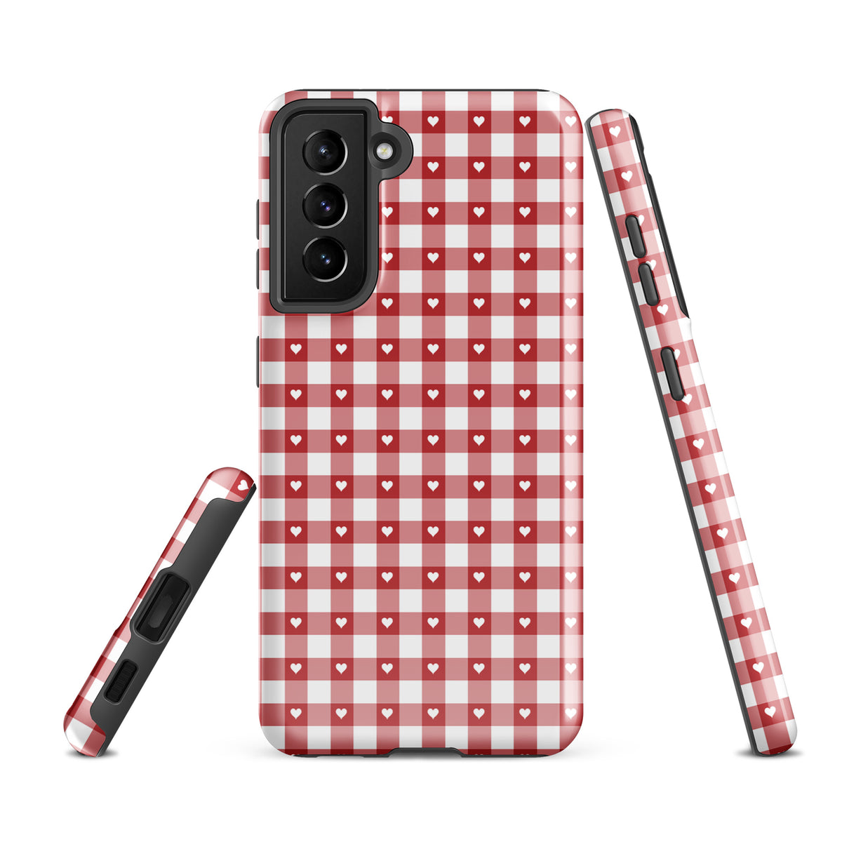 Phone Case for Samsung Galaxy with red and white gingham pattern and hearts, showcasing style and protection.