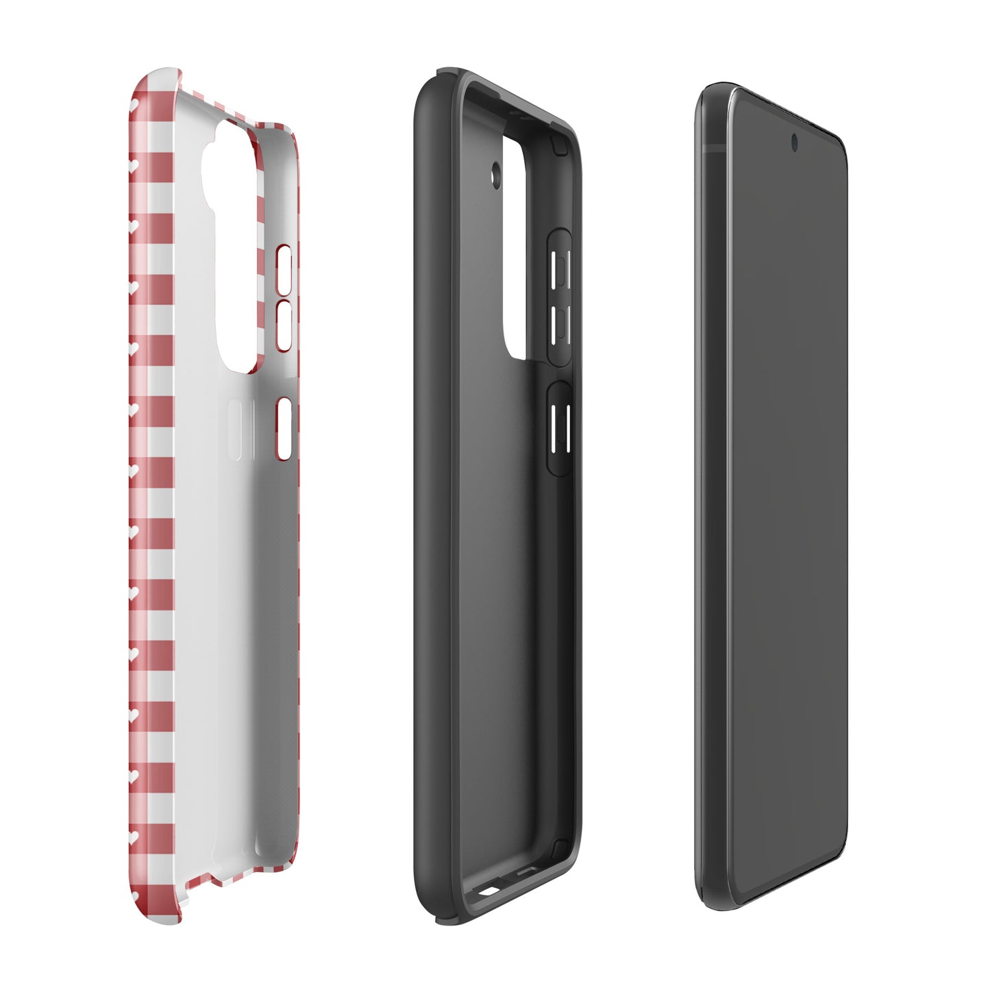 Phone Case for Samsung Galaxy with red-and-white gingham pattern and white hearts, offering style and protection.