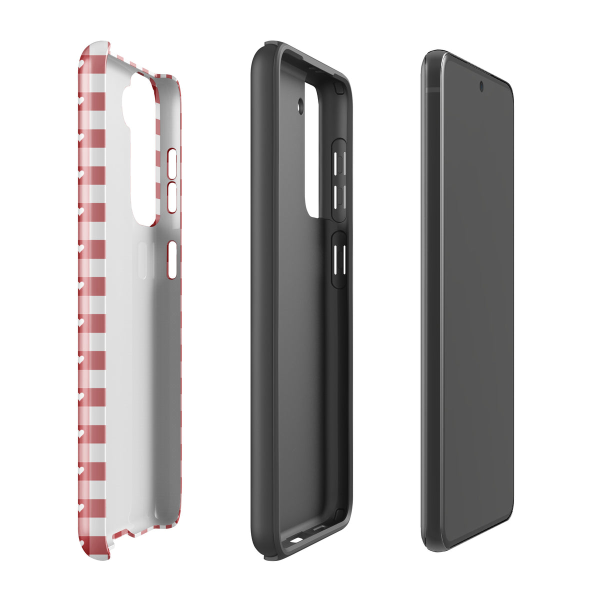 Phone Case for Samsung Galaxy with red-and-white gingham pattern and white hearts, offering style and protection.