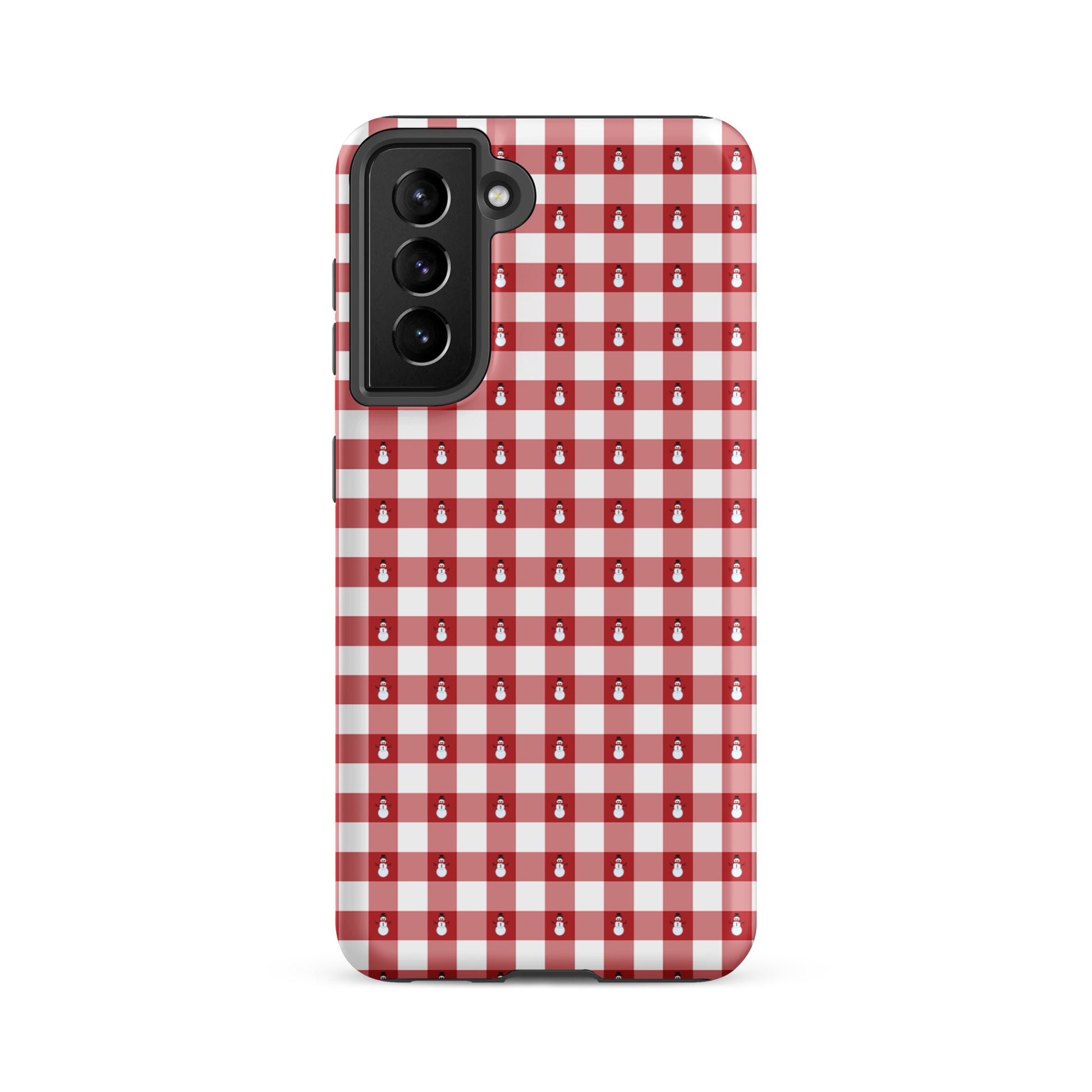 Phone Case for Samsung Galaxy with red gingham and snowmen design, offering winter charm and protection.