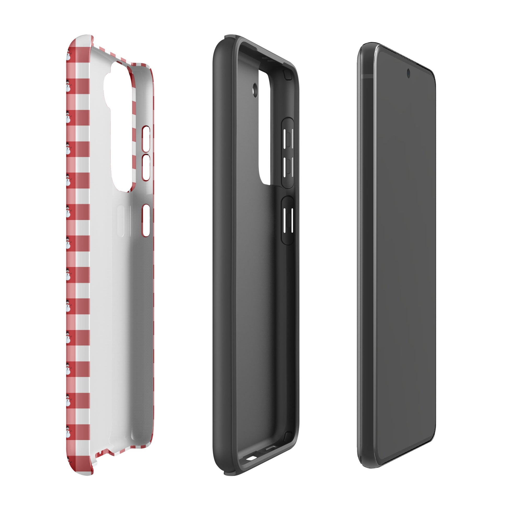 Phone Case for Samsung Galaxy with red and white gingham pattern featuring snowman design, shown disassembled in three pieces.