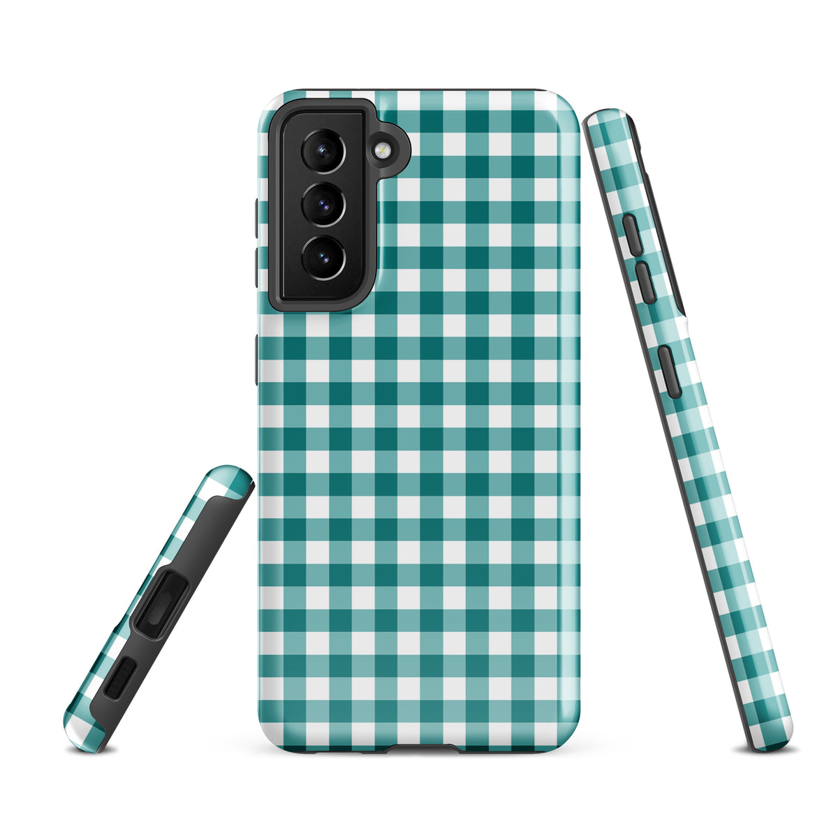 Phone Case for Samsung Galaxy in teal/white gingham pattern, offering style and protection.