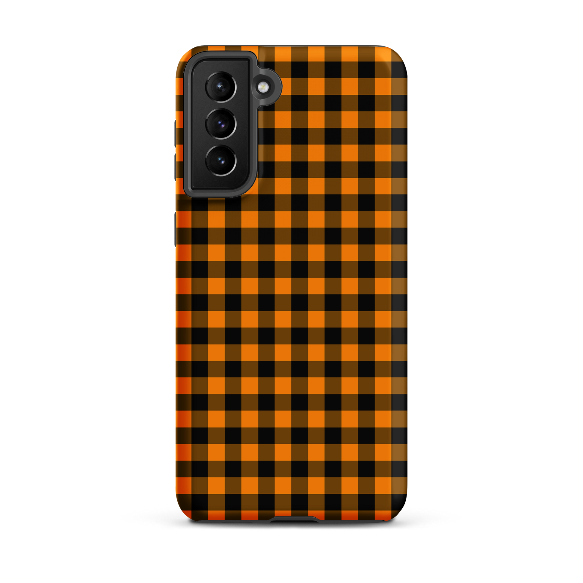 Black-and-orange gingham phone case for Samsung Galaxy with autumn theme.