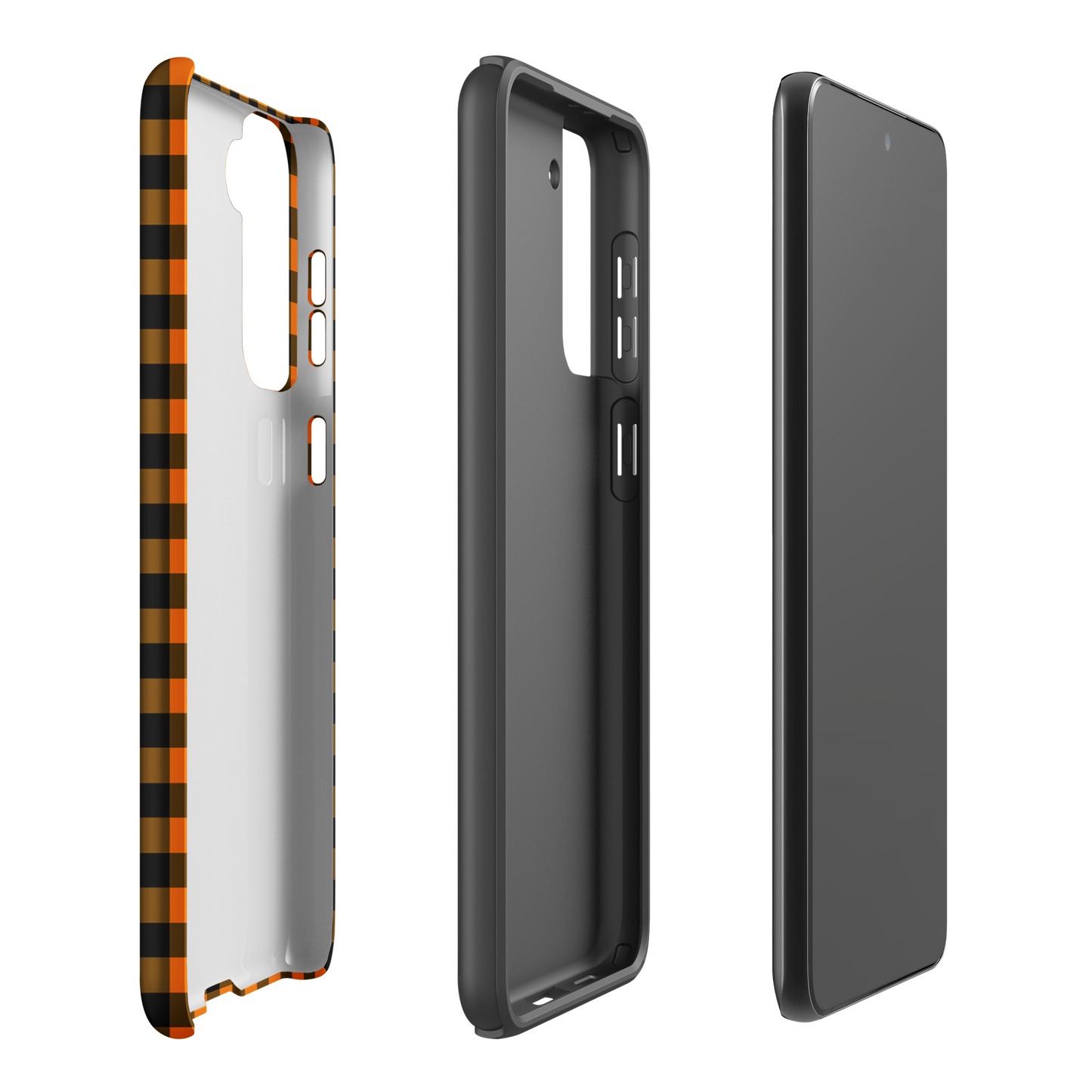 Black-and-orange gingham phone case for Samsung Galaxy in fall theme, chic and durable design.