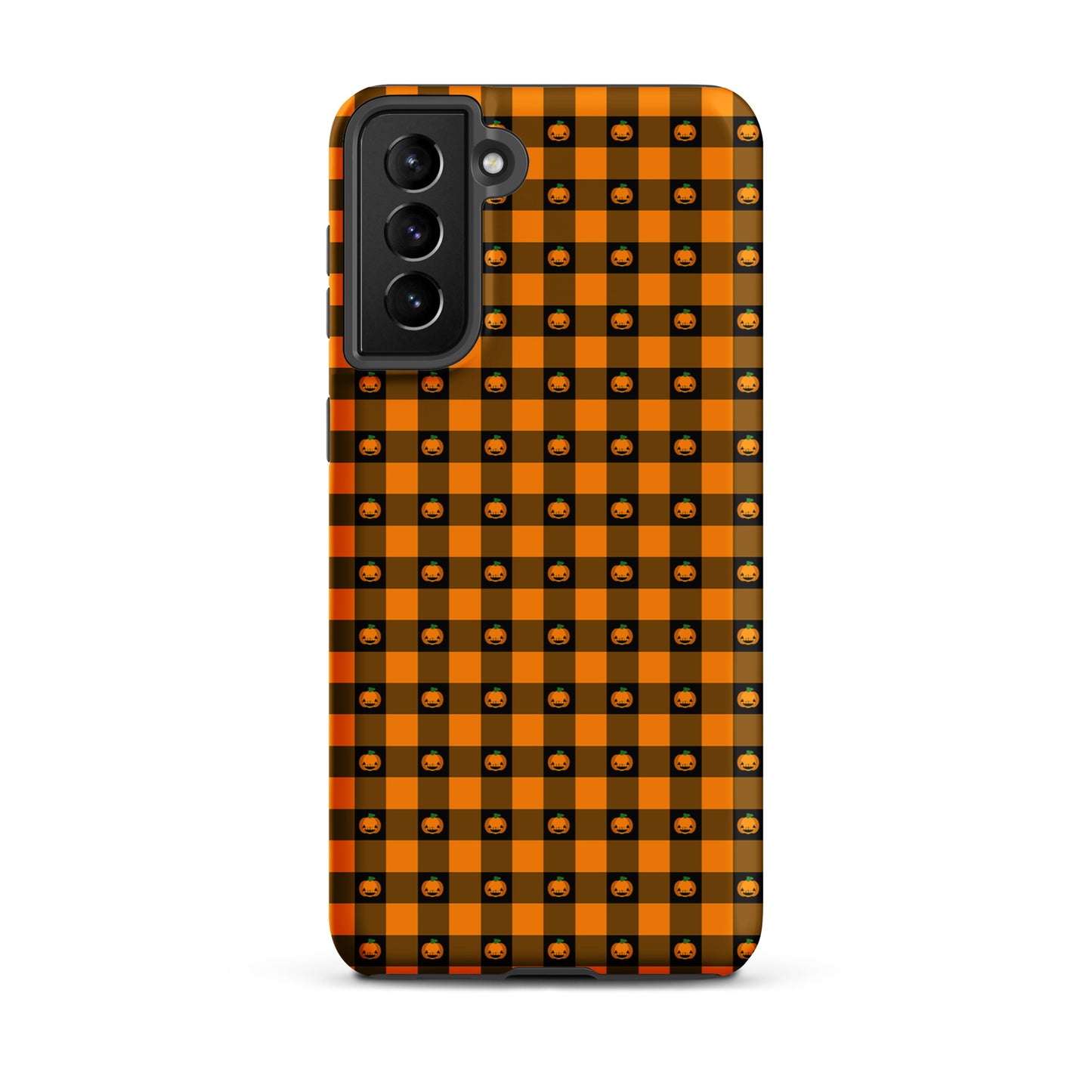 Phone Case for Samsung Galaxy with playful pumpkin gingham Halloween design, featuring orange and black jack-o’-lantern pattern.