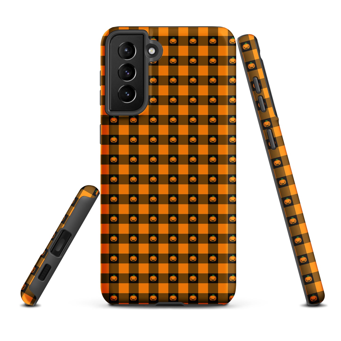 Phone Case for Samsung Galaxy with playful pumpkin gingham Halloween design featuring jack-o’-lanterns on a black and orange pattern