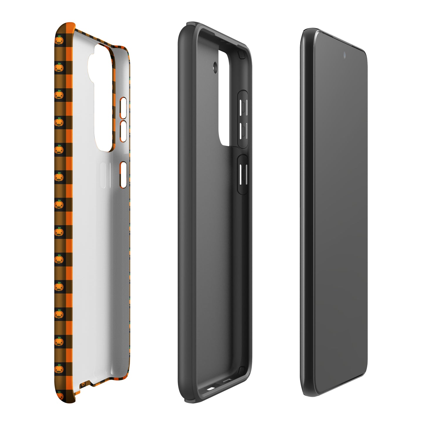 Phone Case for Samsung Galaxy with playful pumpkin gingham Halloween design, featuring jack‑o’-lantern faces on a festive checkered pattern.