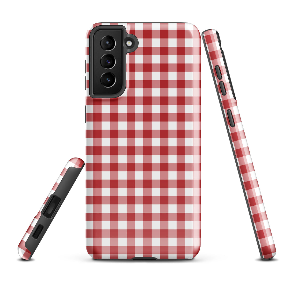 Phone Case for Samsung Galaxy in red and white gingham pattern showcasing style and durability.