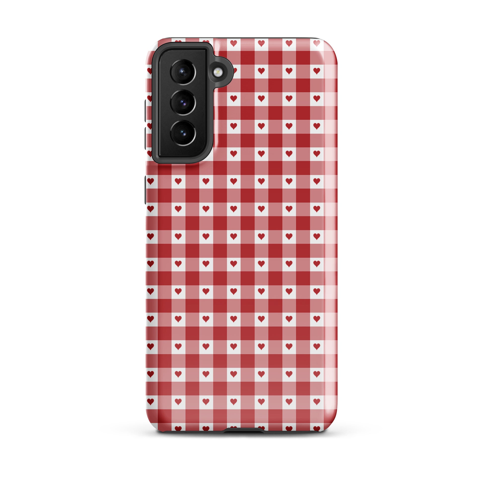 Phone Case for Samsung Galaxy with red gingham and heart pattern, combining luxury and durability in a chic design.
