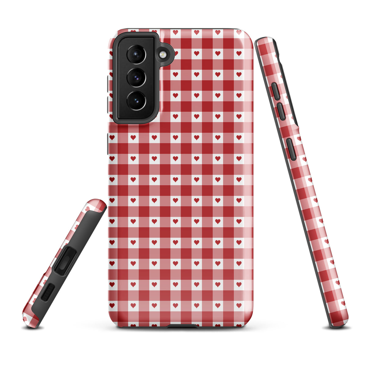 Phone Case for Samsung Galaxy featuring red gingham heart pattern, enhancing style and protection with playful charm and durability.