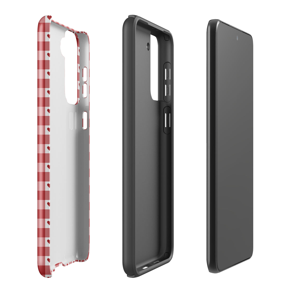 Phone Case for Samsung Galaxy with red gingham and heart pattern, showcasing stylish design and durable craftsmanship.