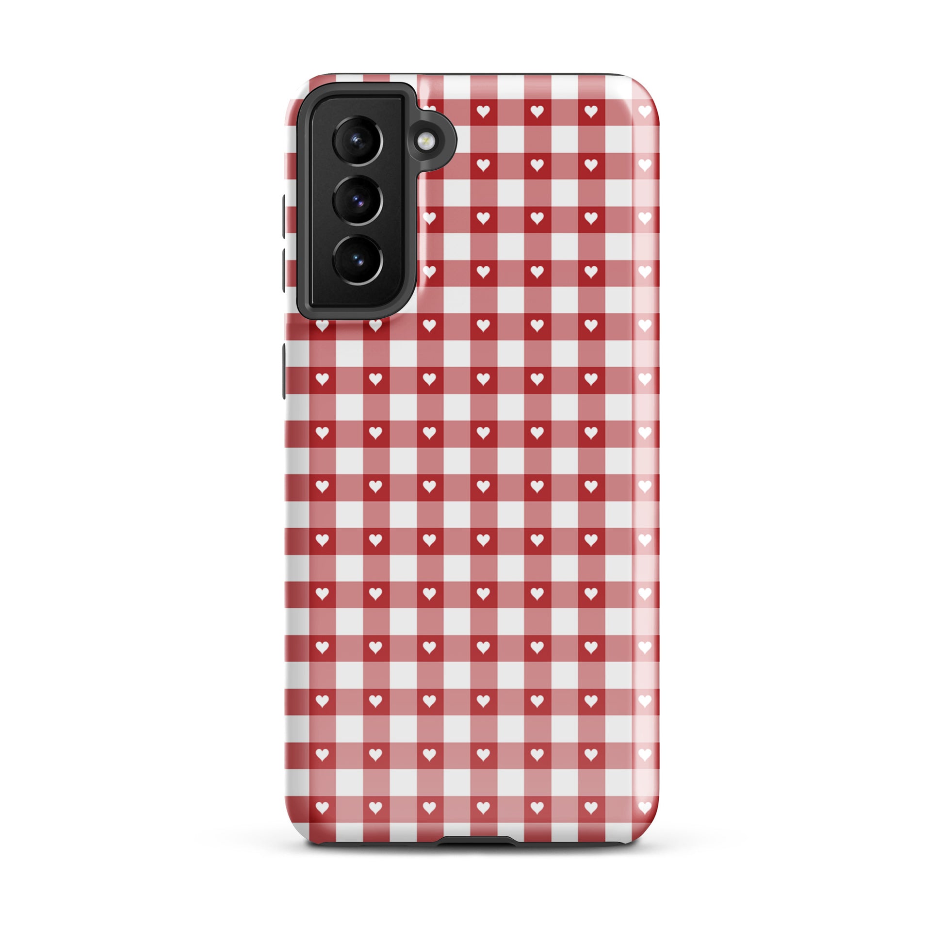 Phone Case for Samsung Galaxy with red and white gingham pattern and heart design, offering style and protection.