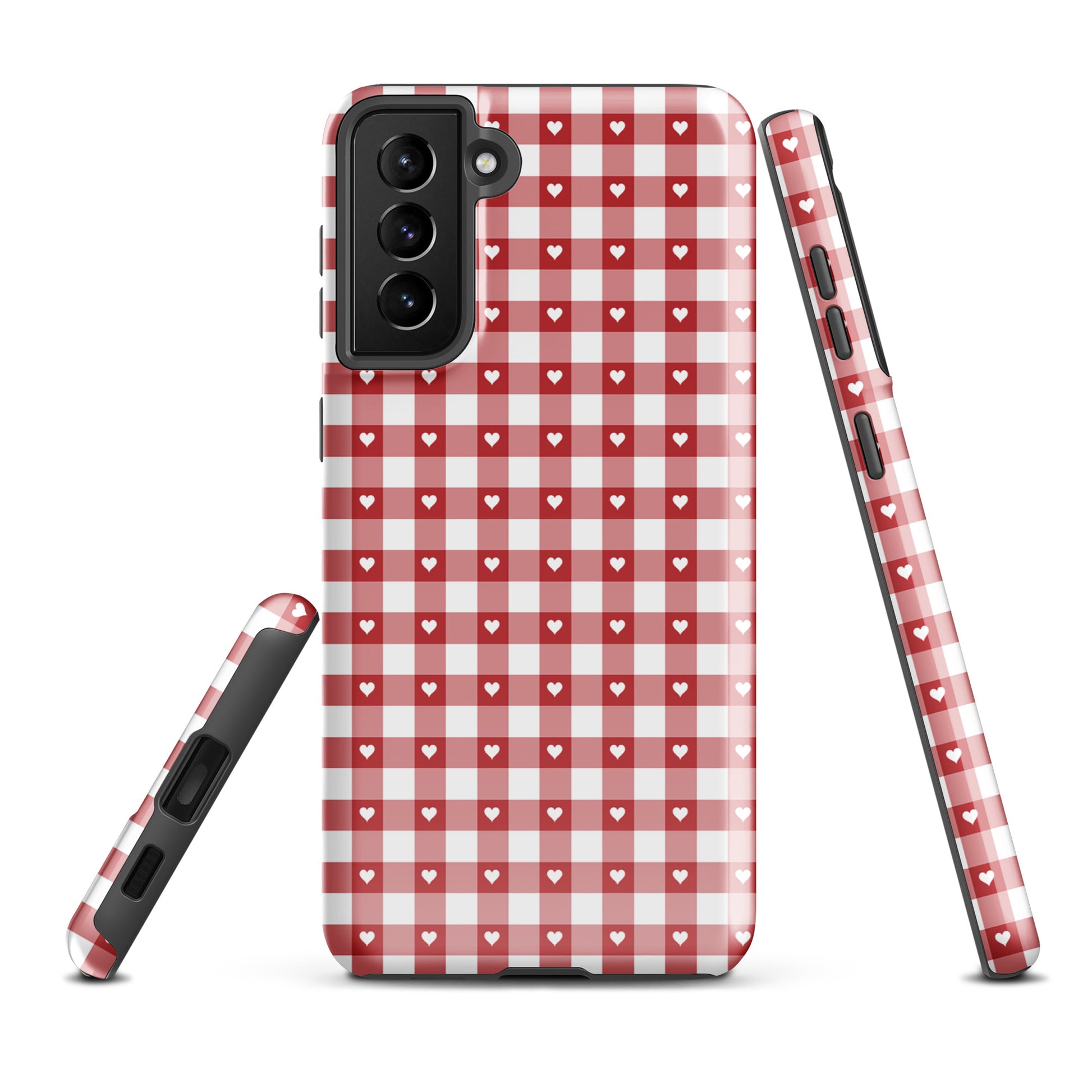 Phone Case for Samsung Galaxy with red and white gingham pattern and white hearts, offering style and protection.
