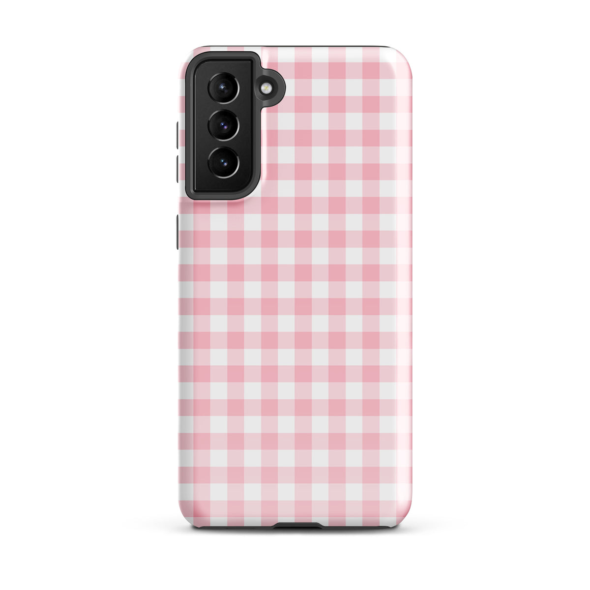 Phone Case for Samsung Galaxy with pink and white gingham pattern, blending style and protection.
