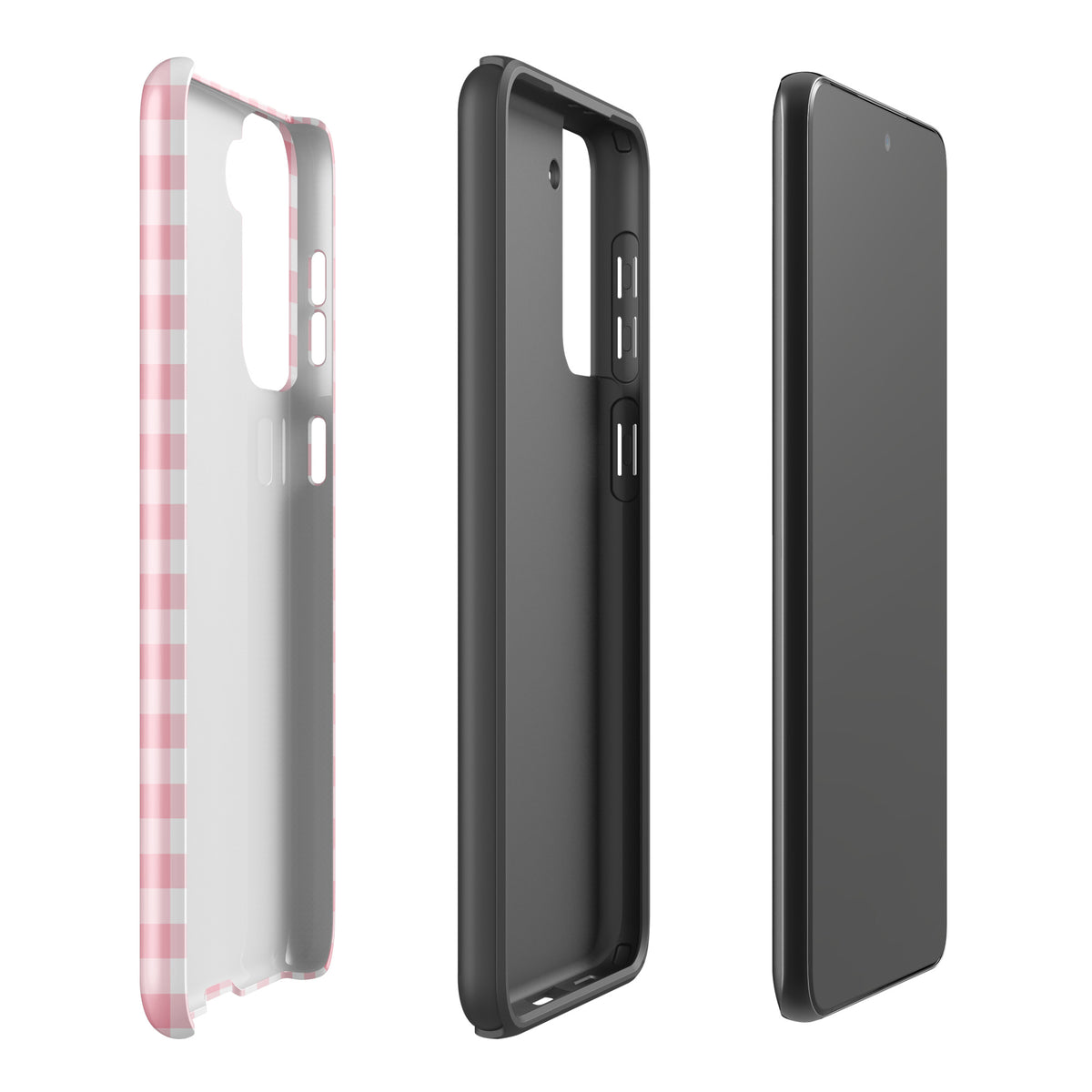 Phone Case for Samsung Galaxy in pink and white gingham pattern; stylish yet durable design; image showing front, back, and side view.