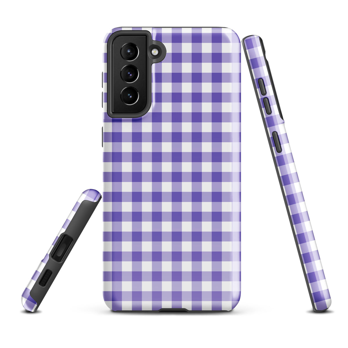 Phone case for Samsung Galaxy in purple and white gingham pattern, stylish and durable design