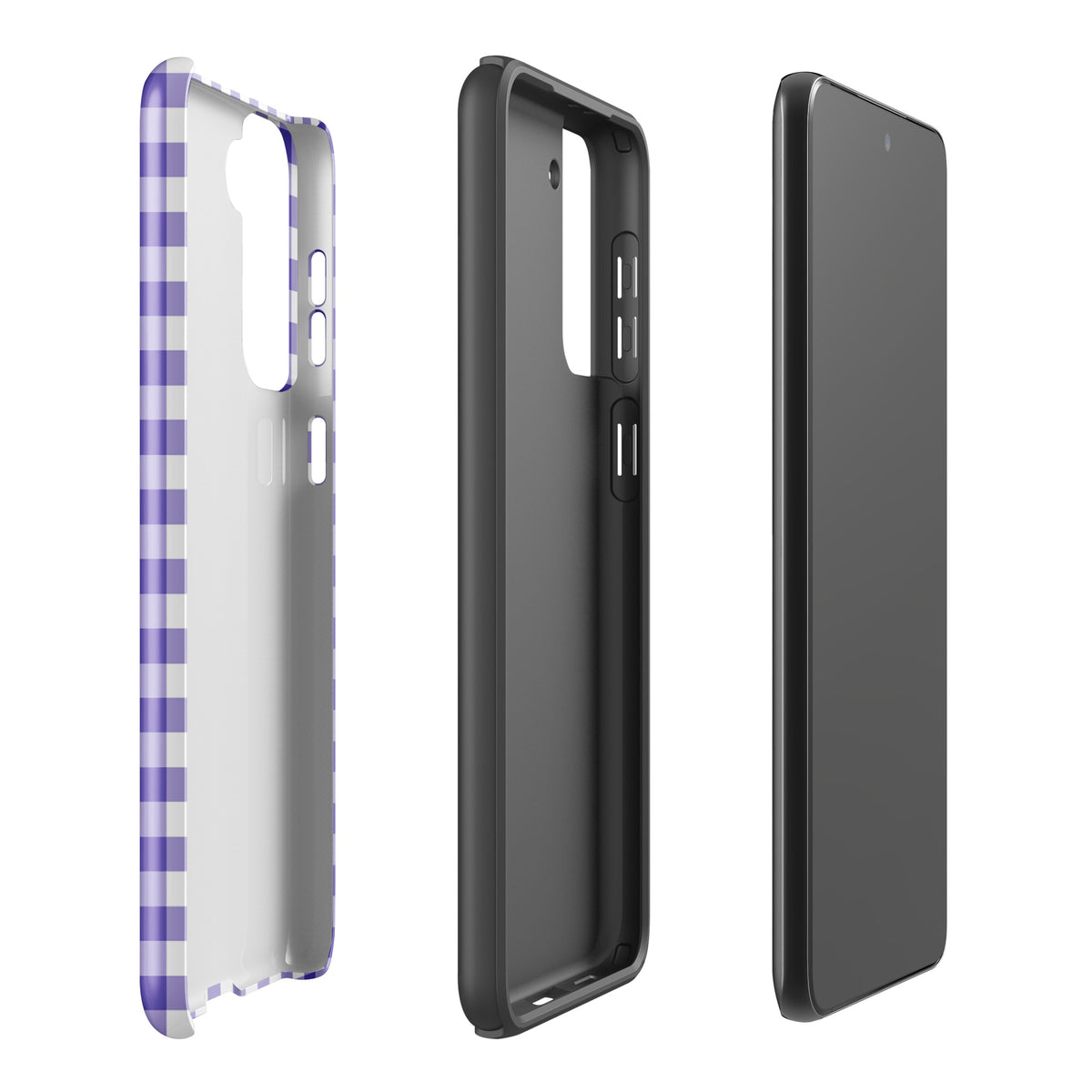 Phone case for Samsung Galaxy with purple and white gingham pattern, offering style and protection