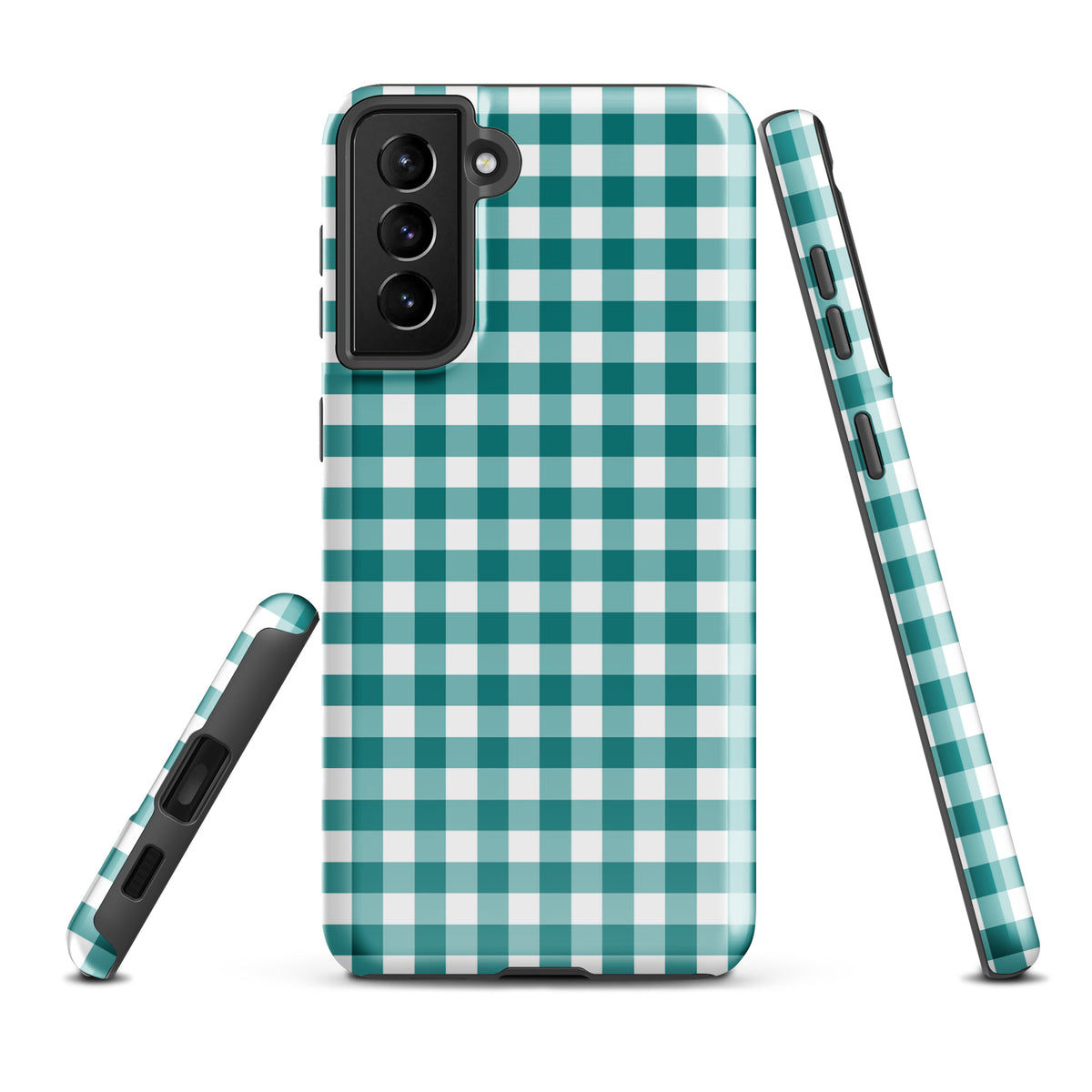 Phone Case for Samsung Galaxy with teal and white gingham pattern, combining style and protection.