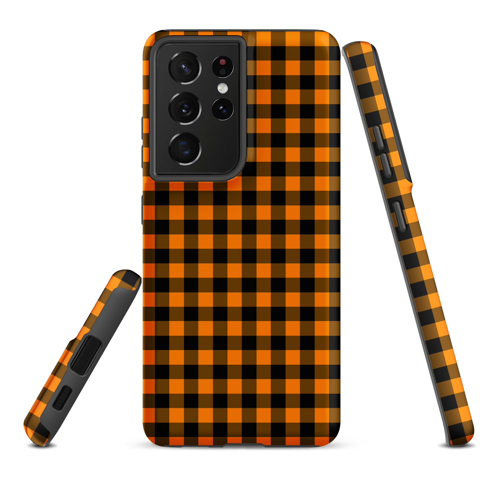 Black-and-orange gingham phone case for Samsung Galaxy in autumn theme, stylish and durable design.