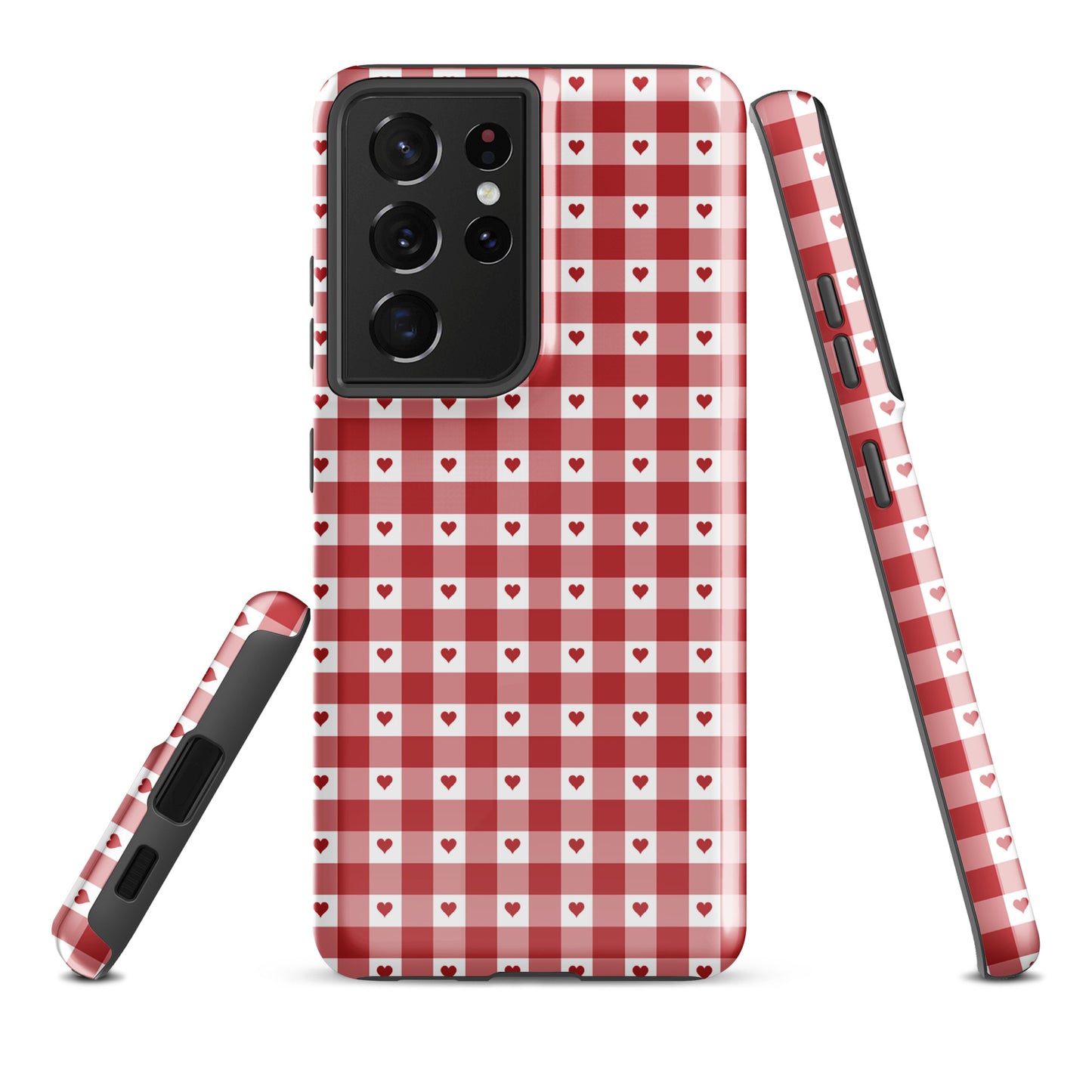 Phone Case for Samsung Galaxy with red gingham heart pattern, providing durability and style.