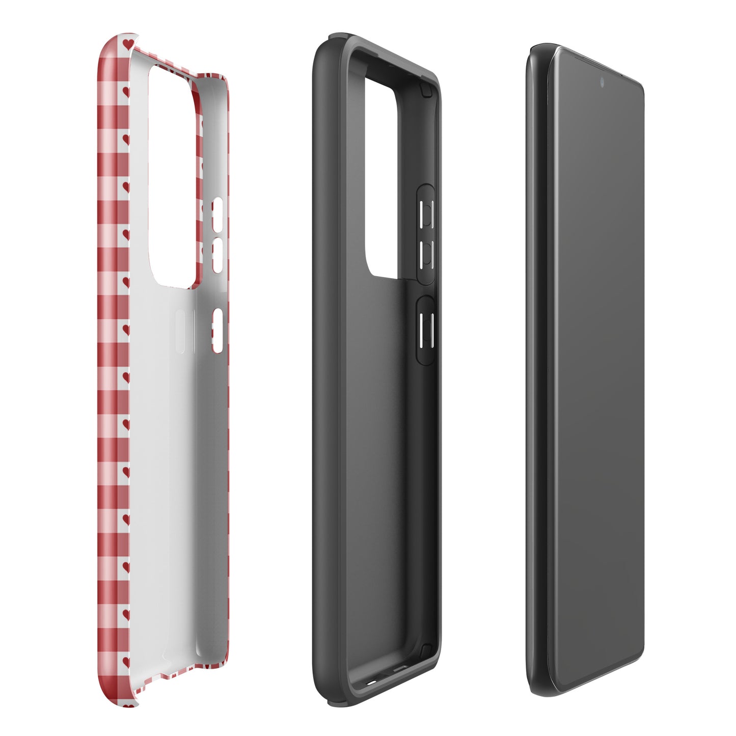 Phone Case for Samsung Galaxy with red gingham heart pattern, showing durability and chic style. Perfect blend of fun and luxury.