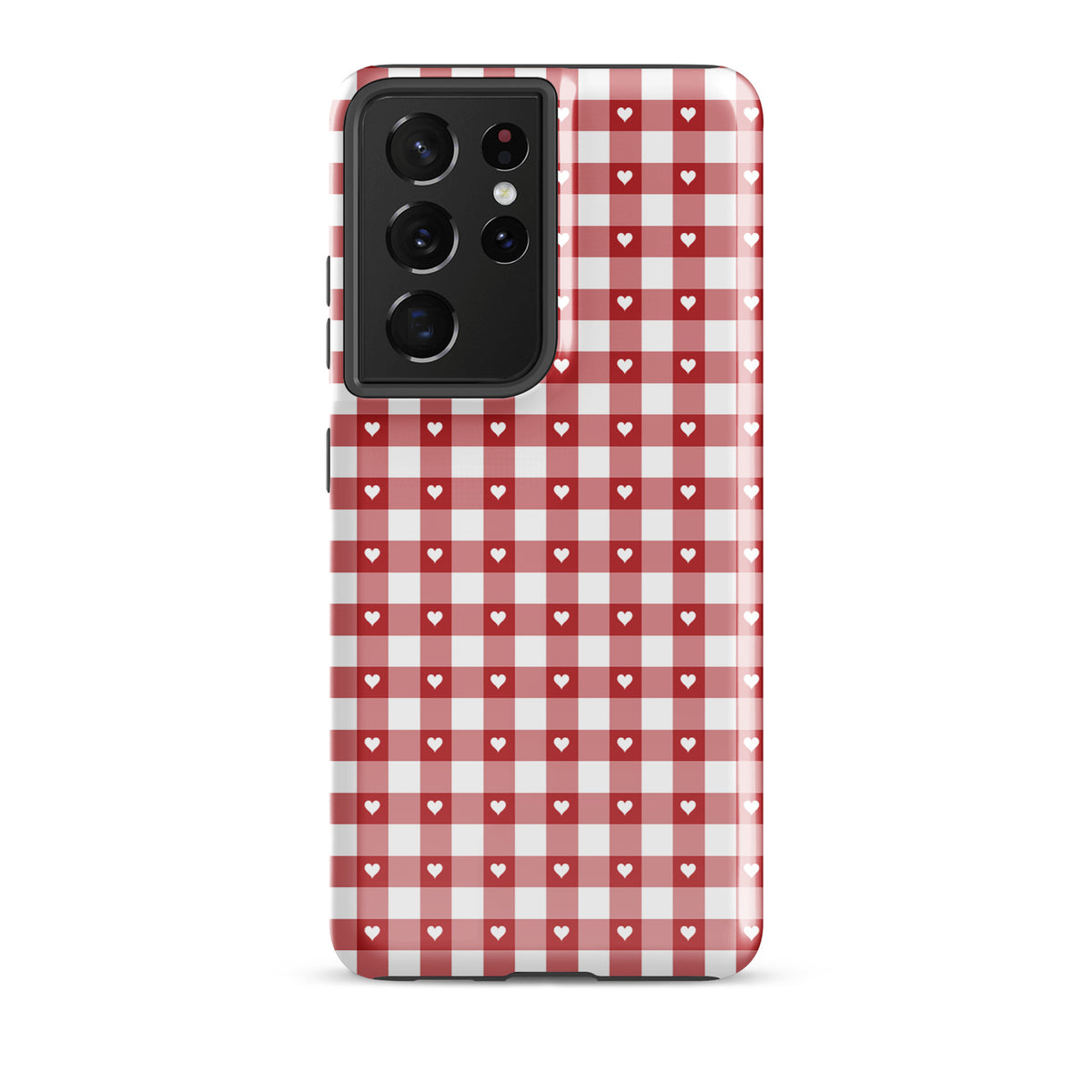 Phone Case with red and white gingham pattern and hearts for Samsung Galaxy, showcasing style and protection.