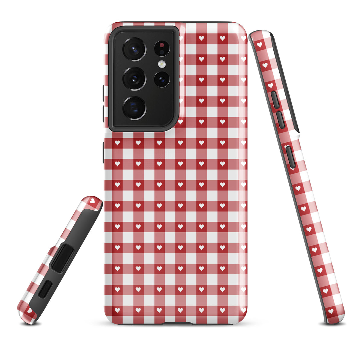 Phone Case for Samsung Galaxy with red and white gingham heart design, shown from various angles.