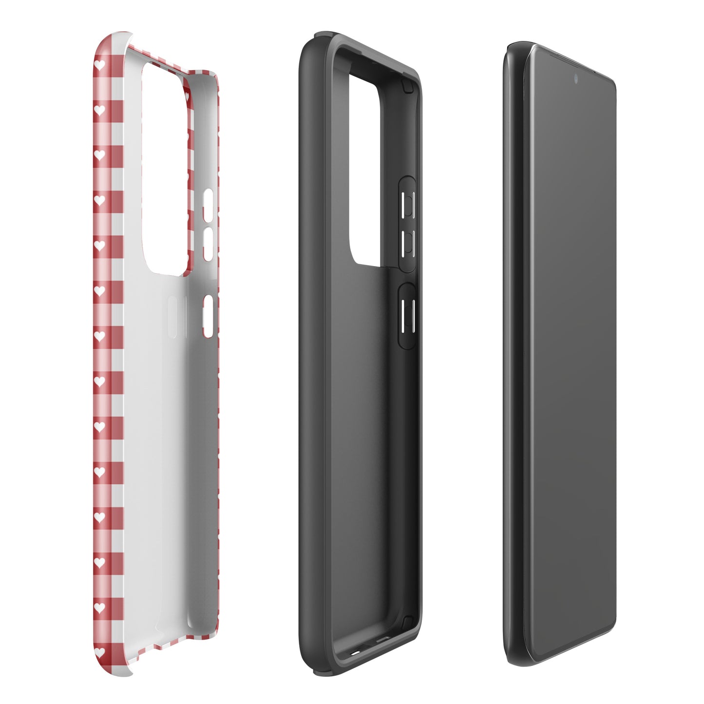 Phone Case for Samsung Galaxy with red and white gingham pattern and white hearts, showing stylish protection in three angles.