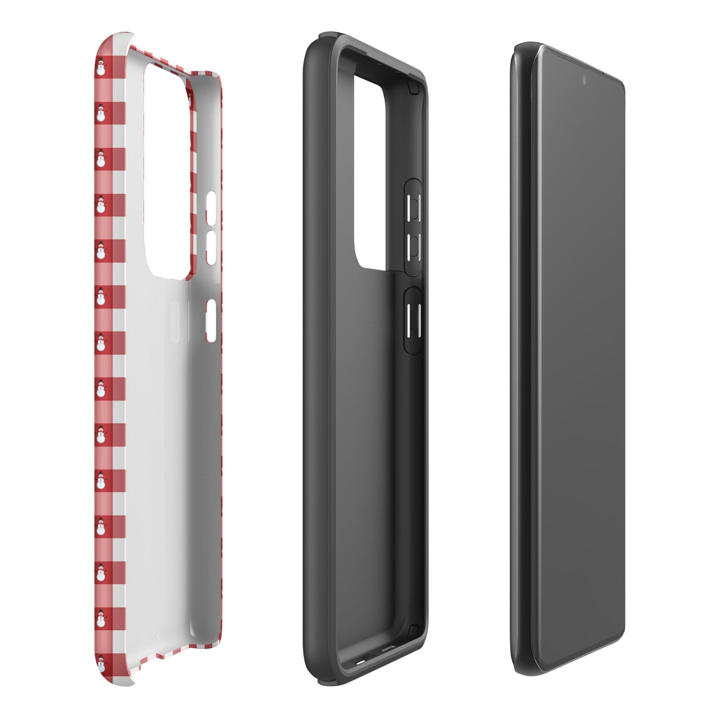 Phone Case for Samsung Galaxy in snowman gingham winter design, showing protective layers in red and white with festive holiday charm.