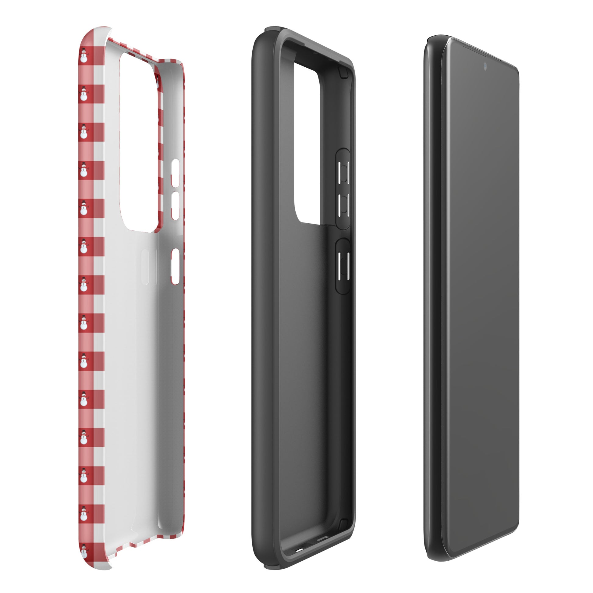 Phone Case for Samsung Galaxy in snowman gingham winter design, showing protective layers in red and white with festive holiday charm.