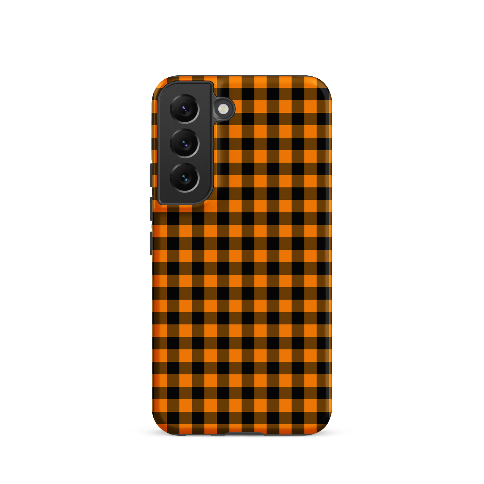 Black-and-orange gingham phone case for Samsung Galaxy, featuring a chic autumn theme design