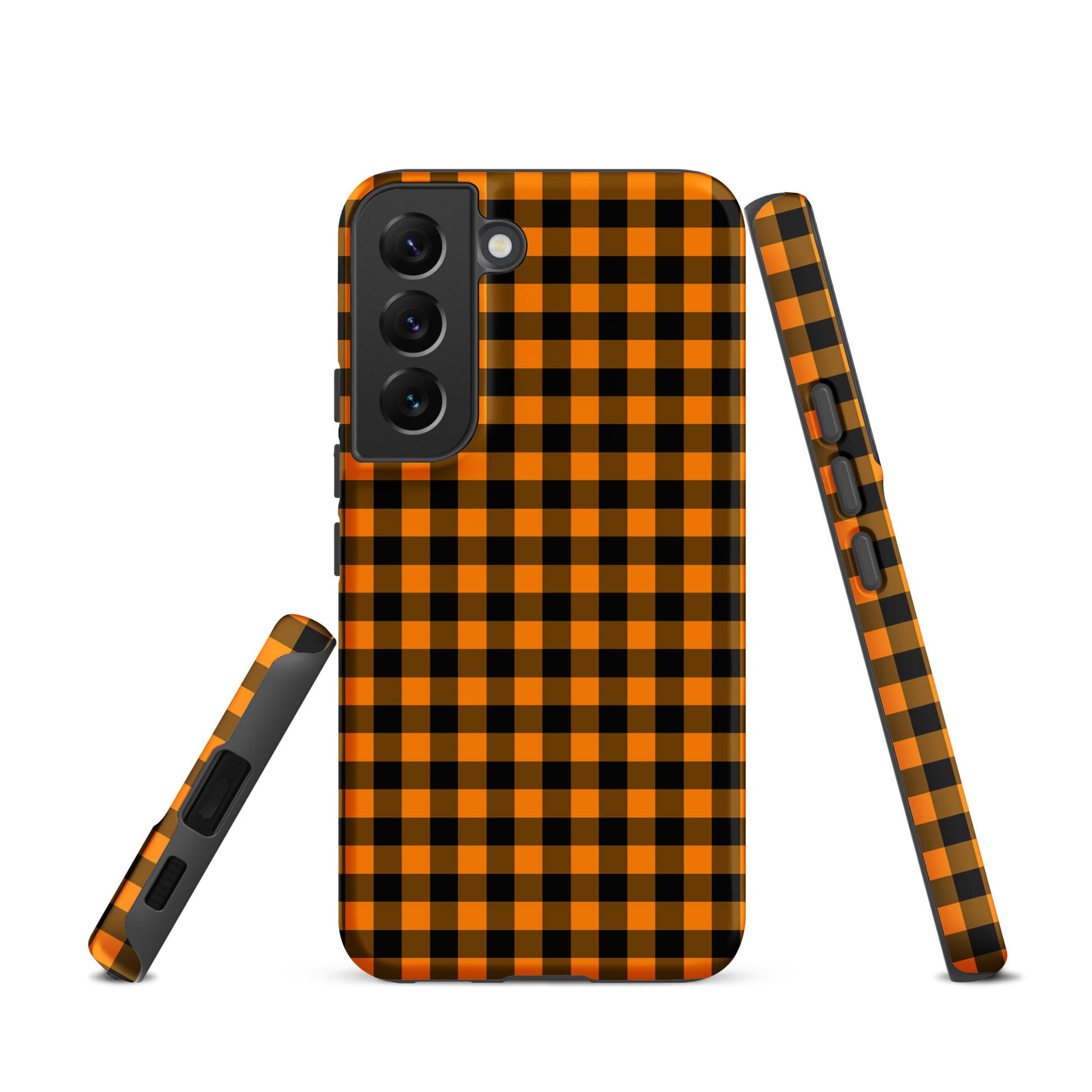 Phone case for Samsung Galaxy with black-and-orange gingham pattern, Autumn theme, durable and stylish.