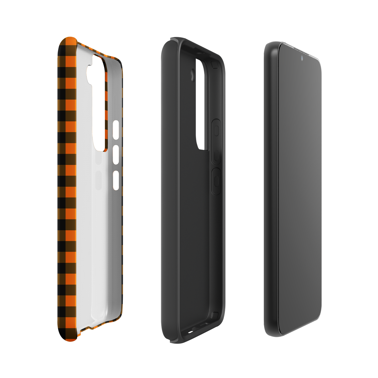 Black-and-orange gingham phone case for Samsung Galaxy in autumn theme, stylish and durable accessory.