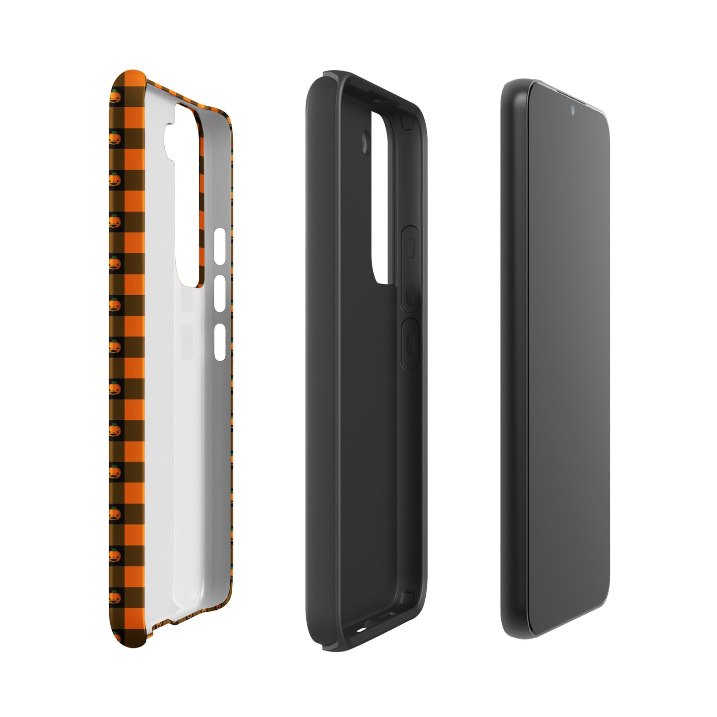 Phone Case for Samsung Galaxy with Playful Pumpkin Gingham Halloween design, featuring cheerful jack-o’-lantern faces.