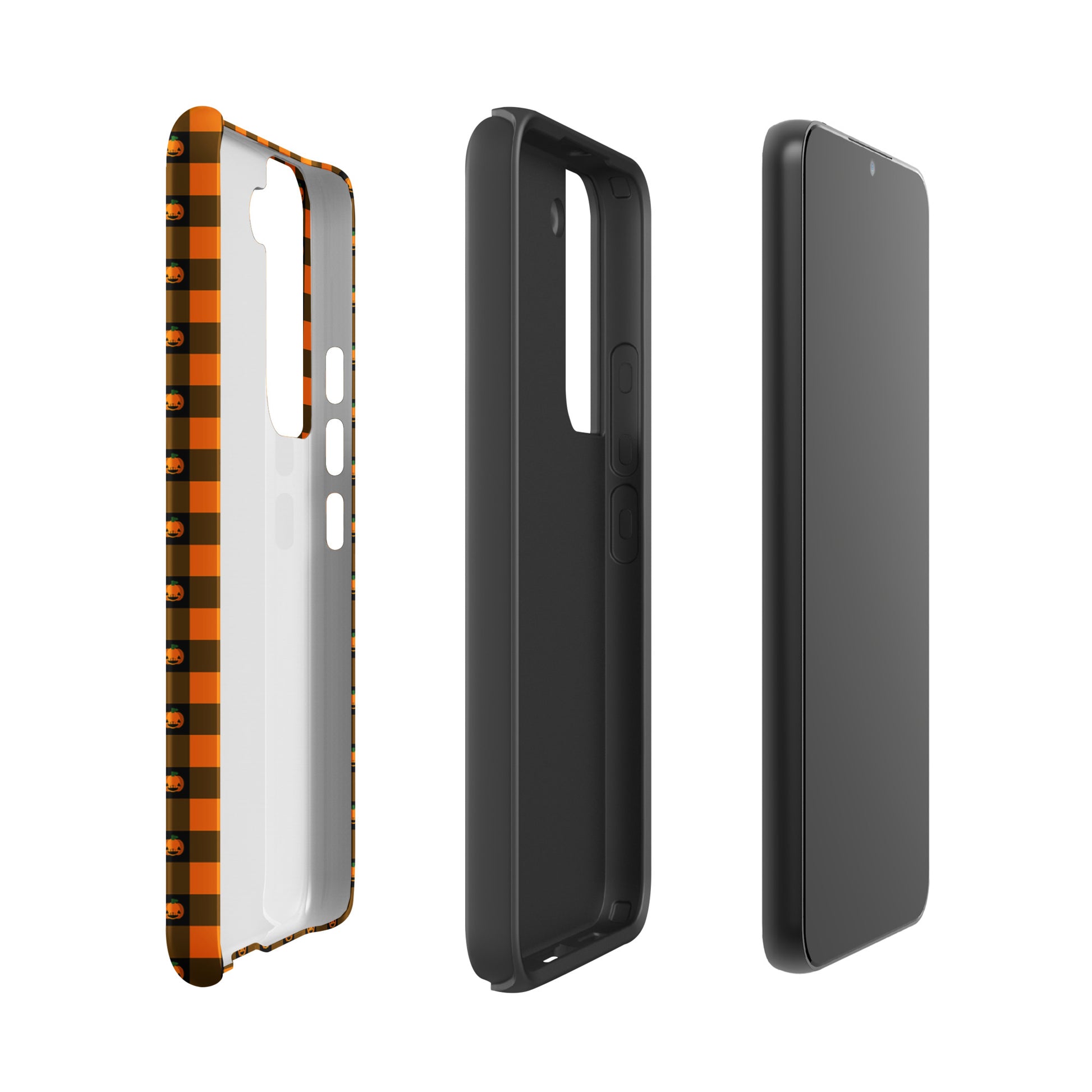 Phone Case for Samsung Galaxy with Playful Pumpkin Gingham Halloween design, featuring cheerful jack-o’-lantern faces.
