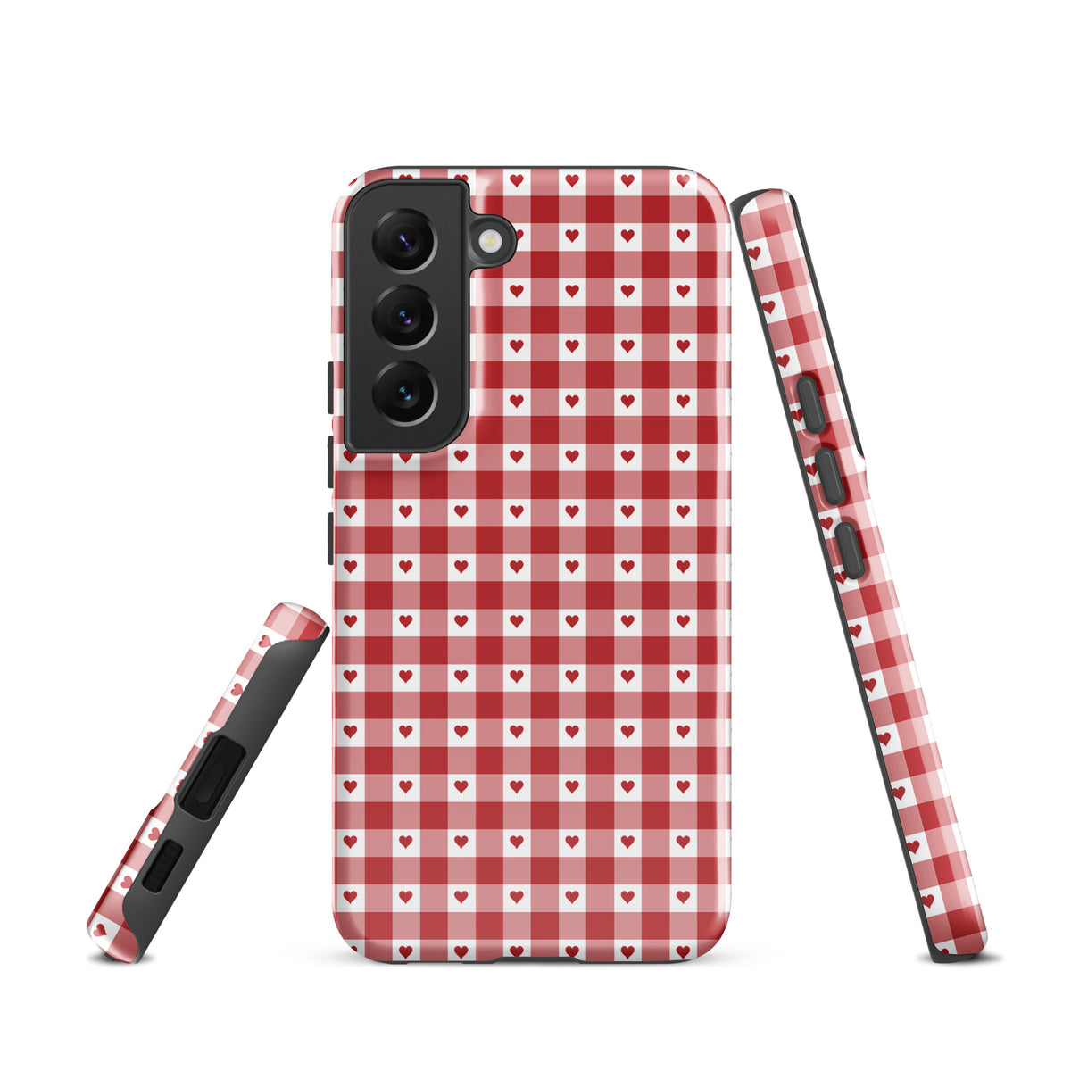 Phone Case for Samsung Galaxy with red gingham heart pattern, stylish and durable design perfect for everyday chic.