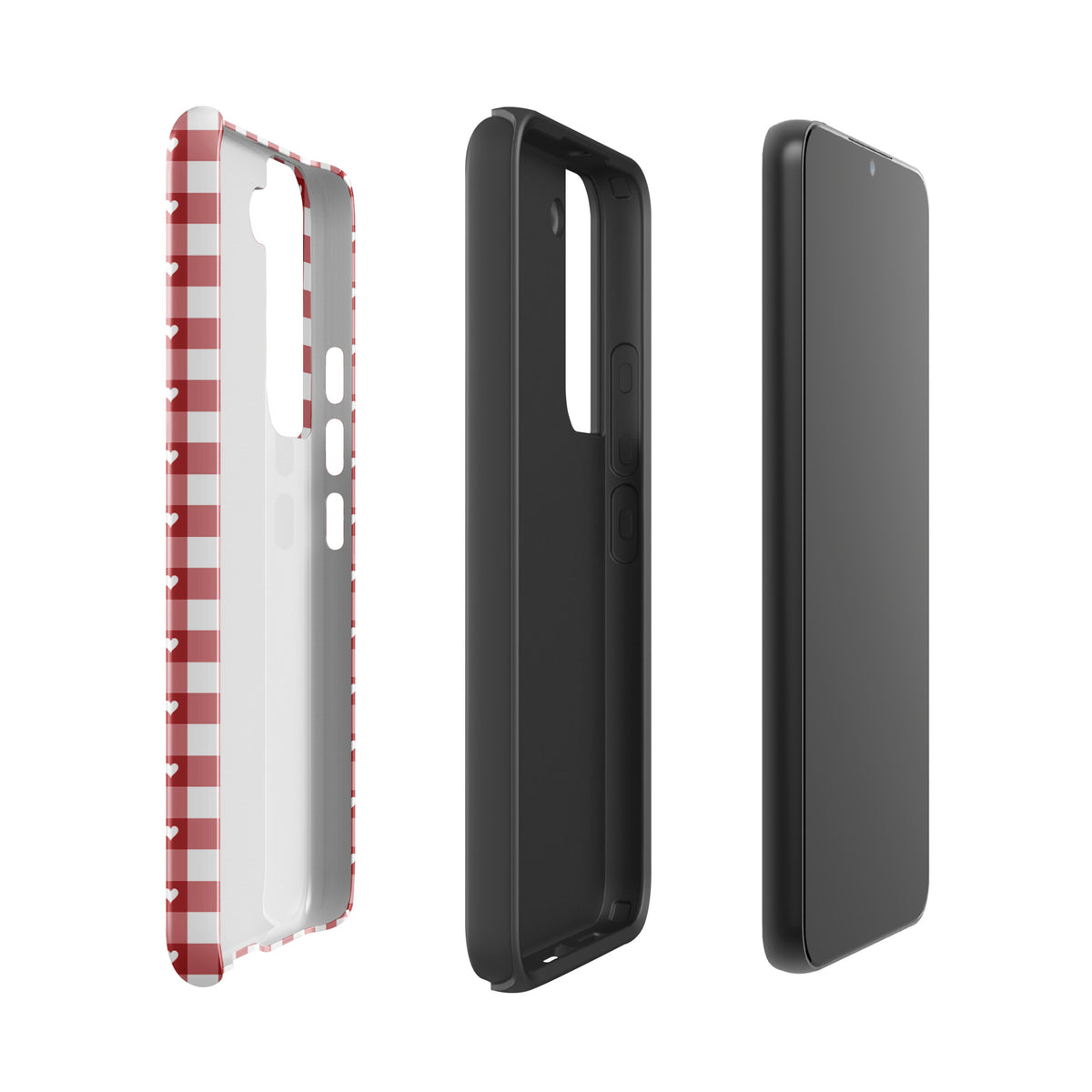 Phone Case for Samsung Galaxy in red-and-white gingham with white hearts, showcasing style and protection side by side