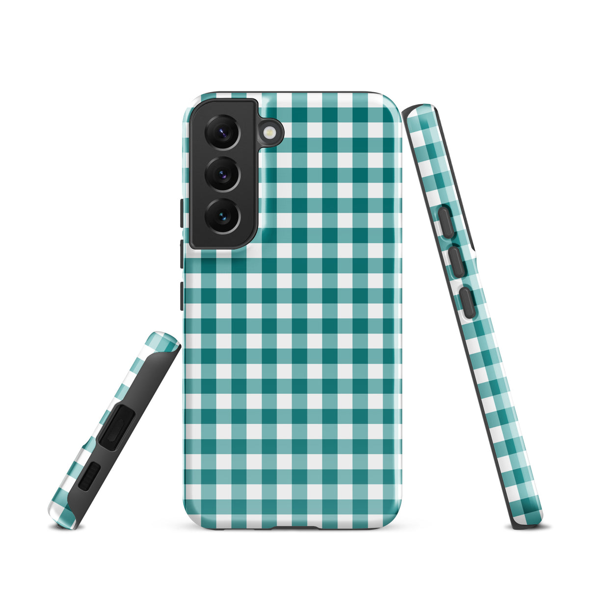 Phone Case with teal and white gingham pattern for Samsung Galaxy, offering style and protection.