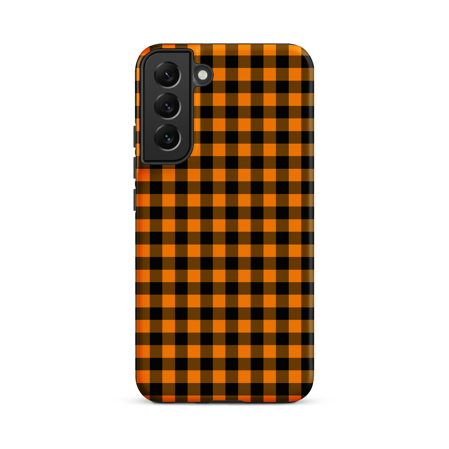 Samsung Galaxy phone case in black-and-orange gingham Autumn theme, stylish and durable accessory.