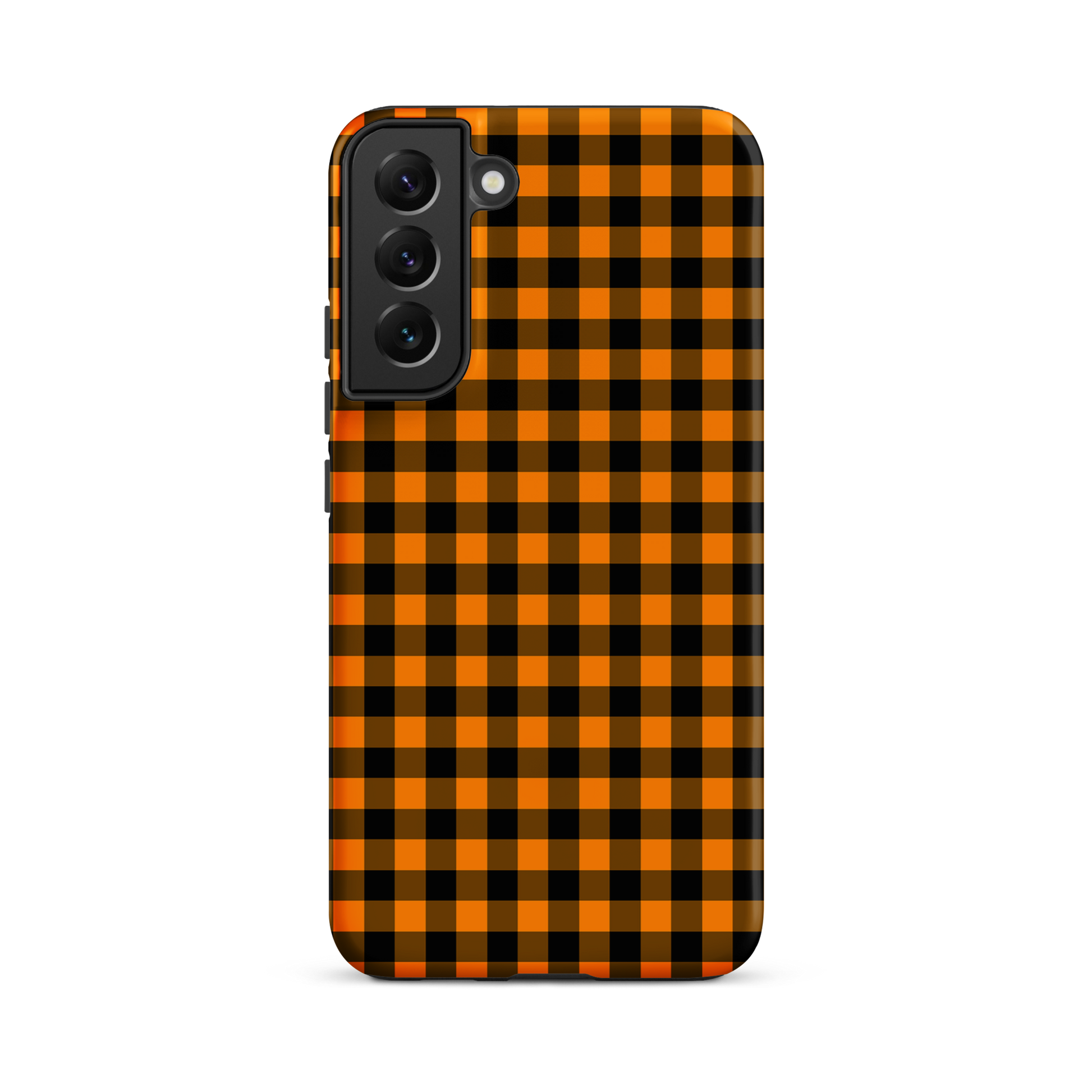 Samsung Galaxy phone case in black-and-orange gingham Autumn theme, stylish and durable accessory.