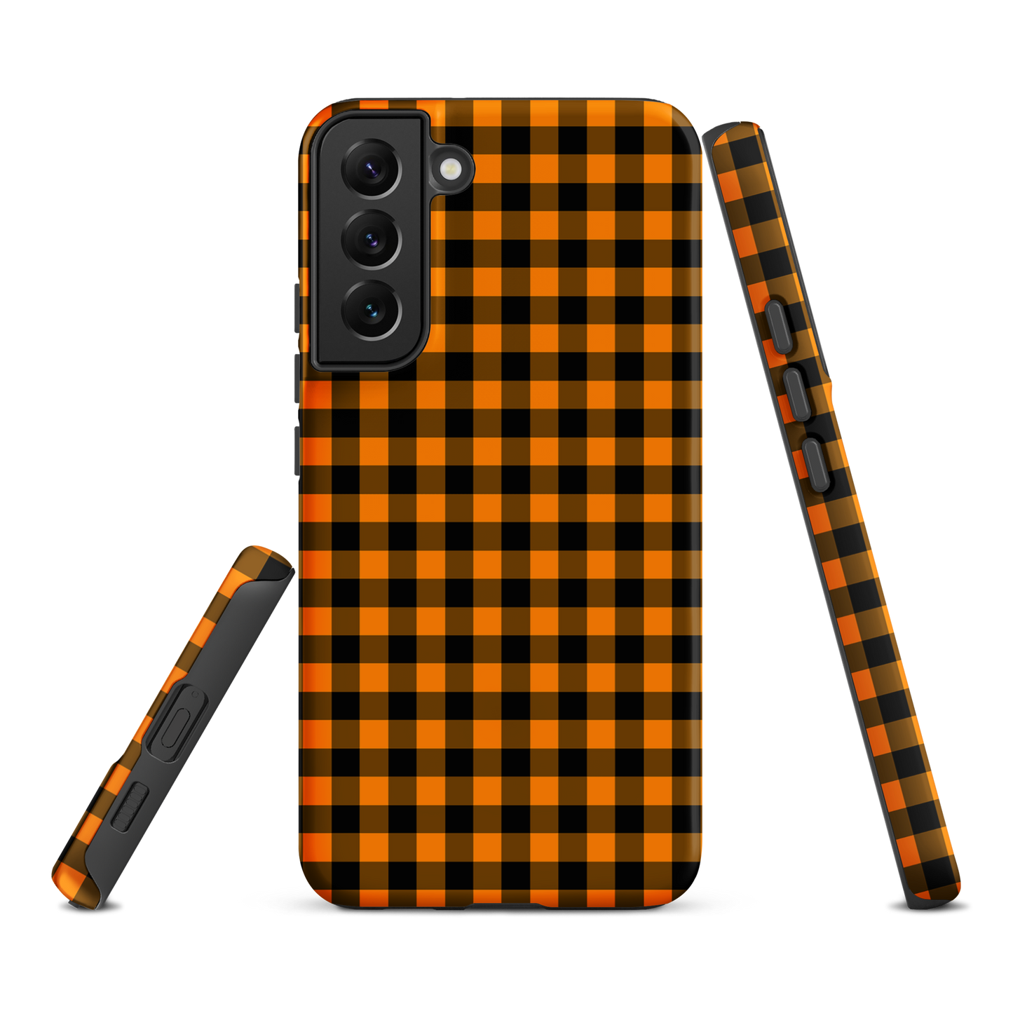 Black-and-orange gingham Autum theme phone case for Samsung Galaxy, combining playful charm and durable luxury design.