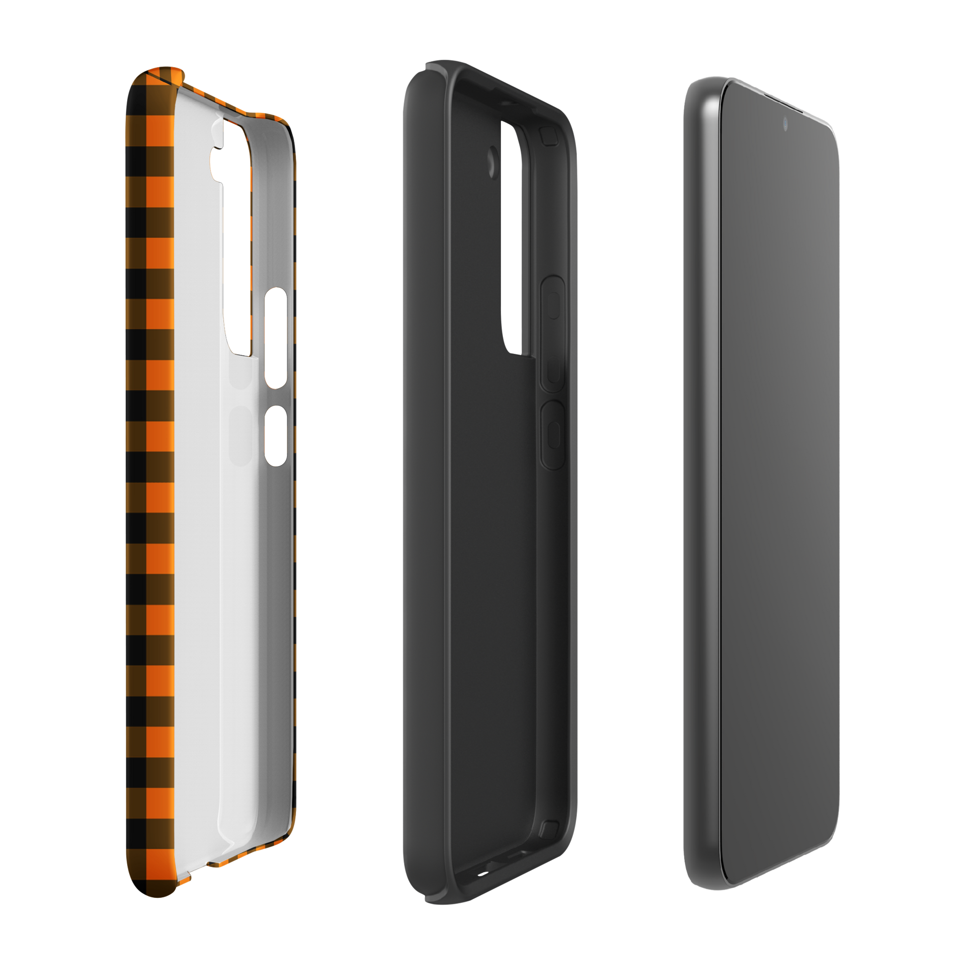Black-and-orange gingham phone case for Samsung Galaxy showcasing modern Autumn theme pattern and durable design.